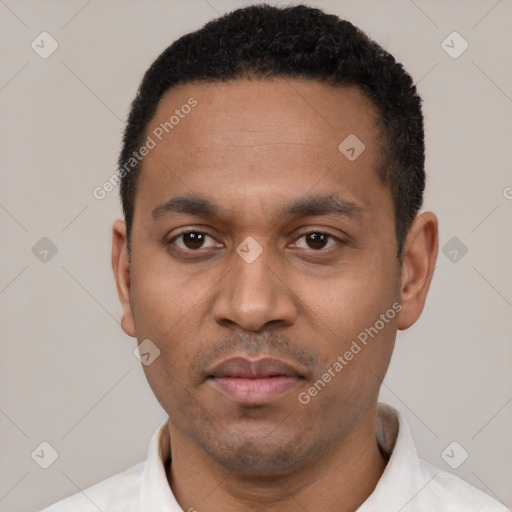 Neutral latino adult male with short  black hair and brown eyes