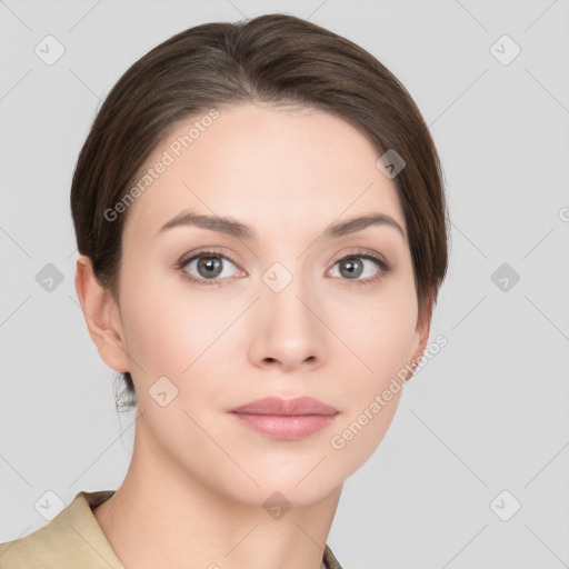 Neutral white young-adult female with short  brown hair and brown eyes