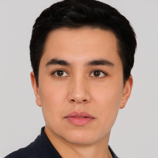 Neutral asian young-adult male with short  black hair and brown eyes