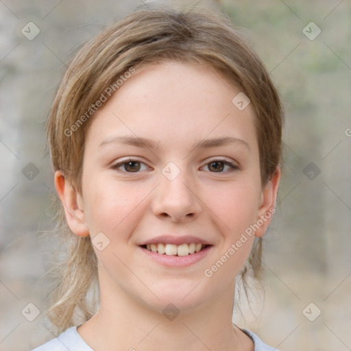 Joyful white child female with medium  brown hair and brown eyes