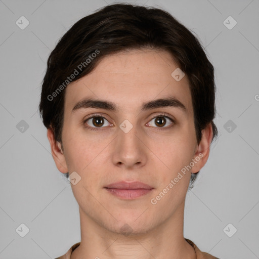 Neutral white young-adult male with short  brown hair and brown eyes