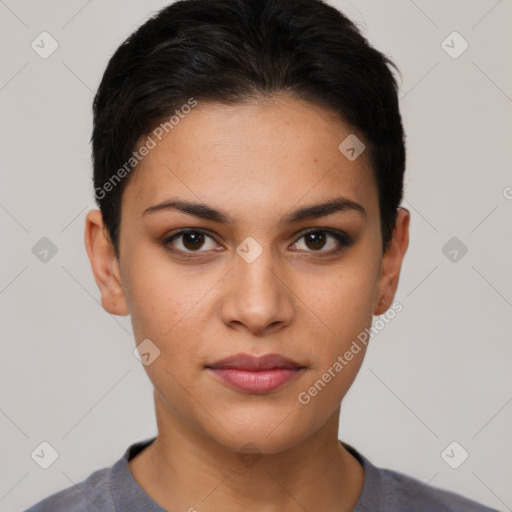 Joyful latino young-adult female with short  brown hair and brown eyes