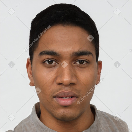 Neutral latino young-adult male with short  black hair and brown eyes