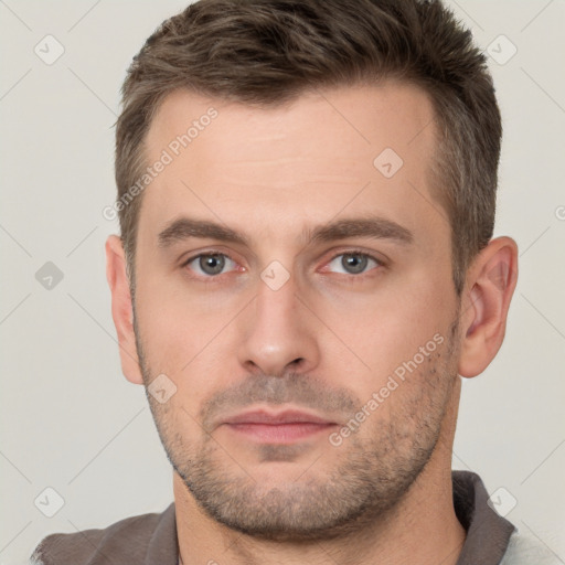 Neutral white young-adult male with short  brown hair and brown eyes