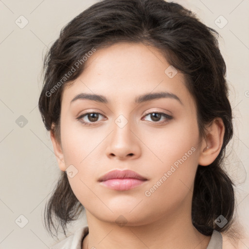 Neutral white young-adult female with medium  brown hair and brown eyes