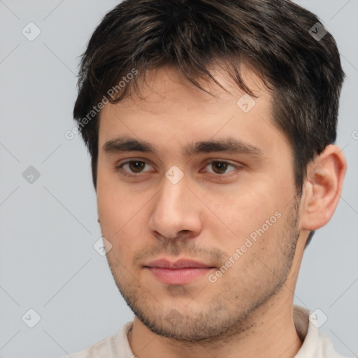 Neutral white young-adult male with short  brown hair and brown eyes