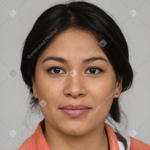 Joyful asian young-adult female with medium  brown hair and brown eyes