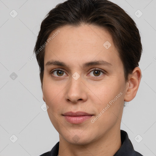 Joyful white young-adult female with short  brown hair and brown eyes