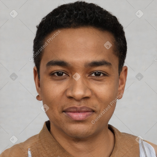 Joyful black young-adult male with short  black hair and brown eyes