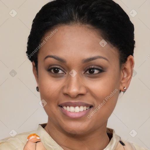 Joyful latino young-adult female with short  brown hair and brown eyes