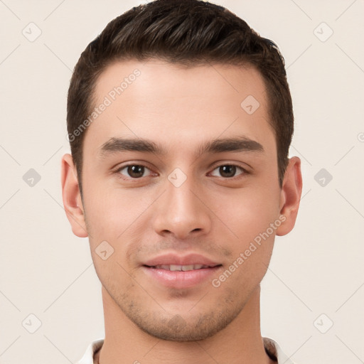 Neutral white young-adult male with short  brown hair and brown eyes