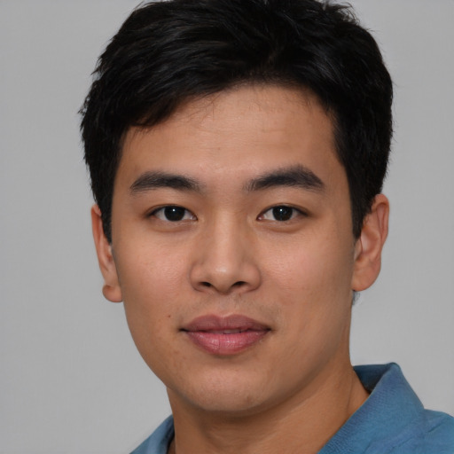 Neutral asian young-adult male with short  black hair and brown eyes