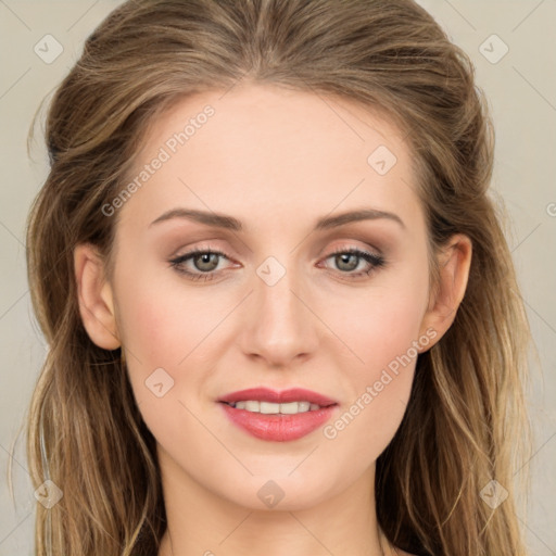 Joyful white young-adult female with long  brown hair and green eyes