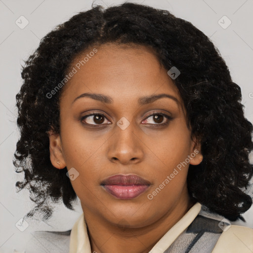 Neutral black young-adult female with medium  brown hair and brown eyes