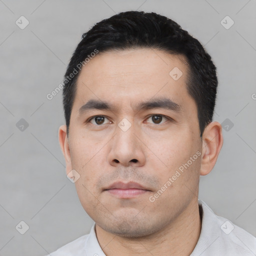 Neutral asian young-adult male with short  black hair and brown eyes