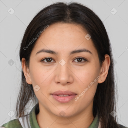 Joyful latino young-adult female with medium  brown hair and brown eyes