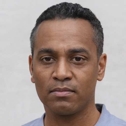 Neutral black adult male with short  black hair and brown eyes