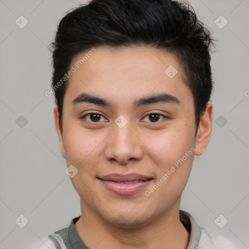 Joyful asian young-adult male with short  brown hair and brown eyes