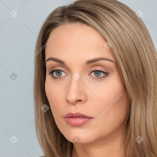 Neutral white young-adult female with long  brown hair and brown eyes