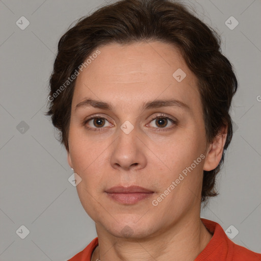 Neutral white adult female with short  brown hair and brown eyes