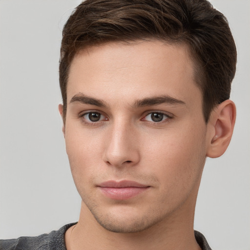 Neutral white young-adult male with short  brown hair and brown eyes