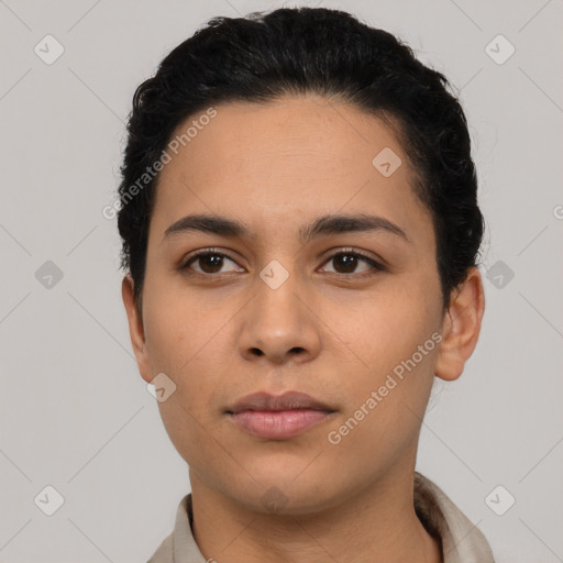 Neutral latino young-adult female with short  black hair and brown eyes