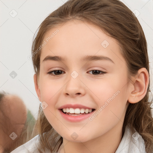 Joyful white child female with medium  brown hair and brown eyes