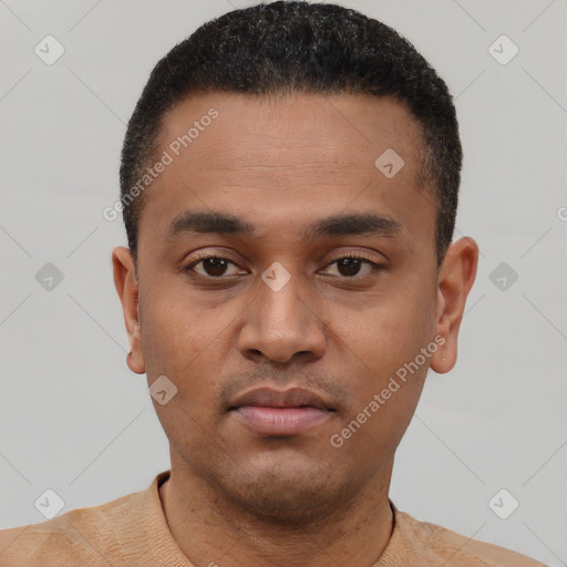 Neutral black young-adult male with short  black hair and brown eyes