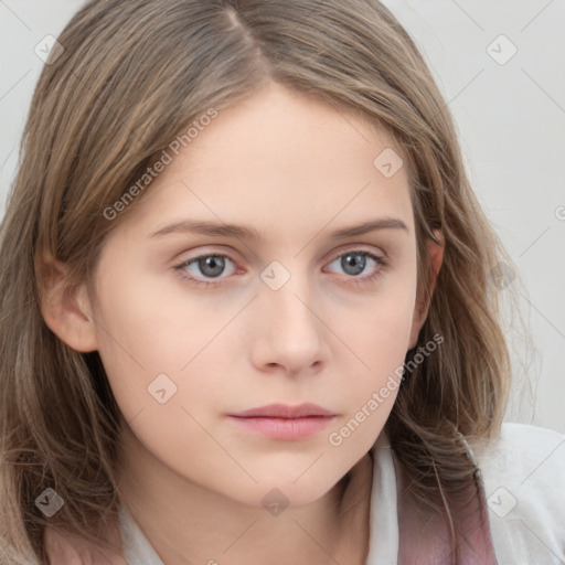 Neutral white young-adult female with long  brown hair and grey eyes