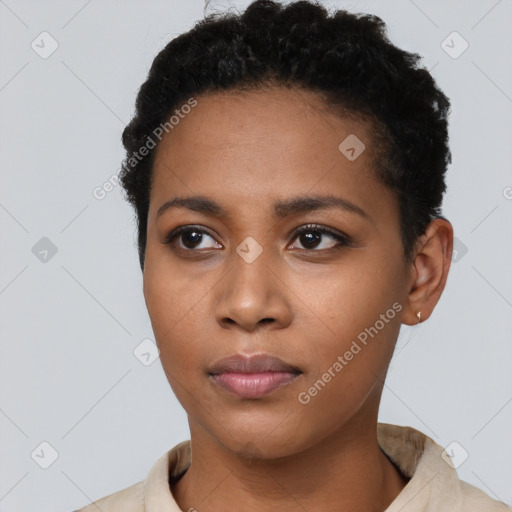 Neutral black young-adult female with short  black hair and brown eyes