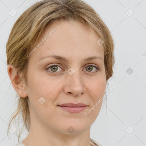 Joyful white young-adult female with medium  brown hair and green eyes