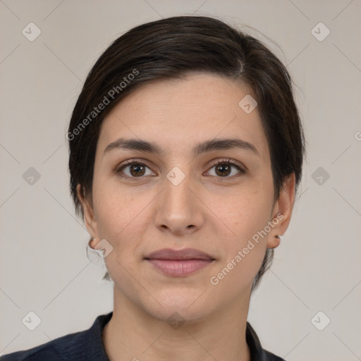 Joyful white young-adult female with medium  brown hair and brown eyes