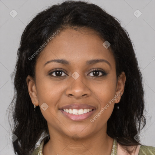 Joyful black young-adult female with medium  brown hair and brown eyes