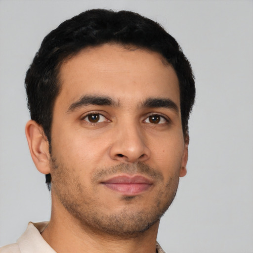 Neutral latino young-adult male with short  brown hair and brown eyes