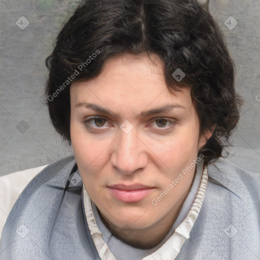 Neutral white young-adult female with short  brown hair and brown eyes