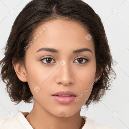 Neutral white young-adult female with medium  brown hair and brown eyes