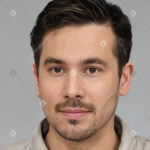 Neutral white young-adult male with short  brown hair and brown eyes