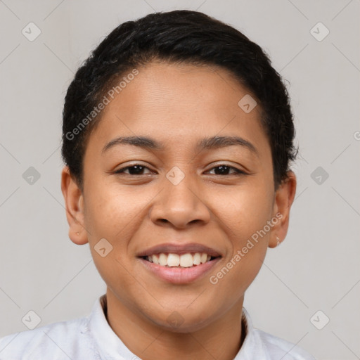 Joyful latino young-adult female with short  brown hair and brown eyes