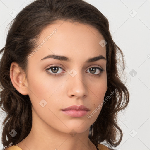 Neutral white young-adult female with medium  brown hair and brown eyes