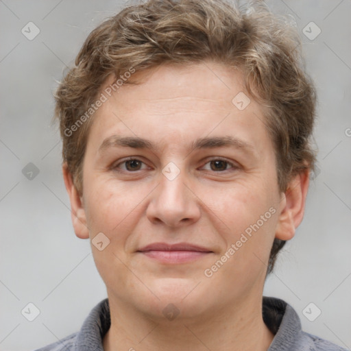 Joyful white adult female with short  brown hair and brown eyes