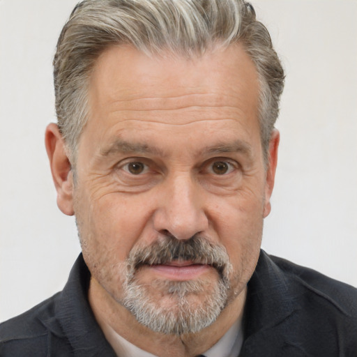 Neutral white middle-aged male with short  gray hair and brown eyes