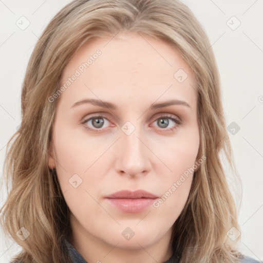 Neutral white young-adult female with medium  brown hair and blue eyes