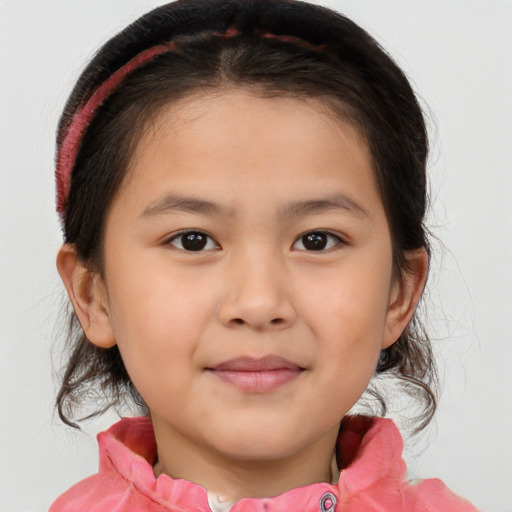 Joyful white child female with medium  brown hair and brown eyes
