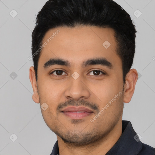 Neutral latino young-adult male with short  black hair and brown eyes
