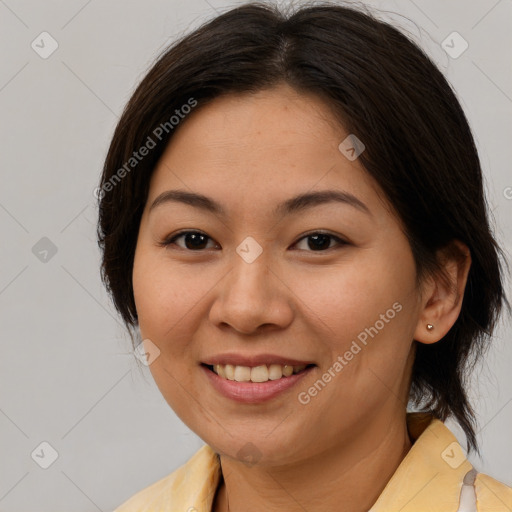 Joyful white young-adult female with medium  brown hair and brown eyes