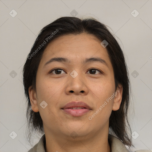 Joyful asian adult female with medium  brown hair and brown eyes