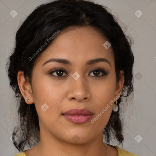 Joyful latino young-adult female with medium  brown hair and brown eyes
