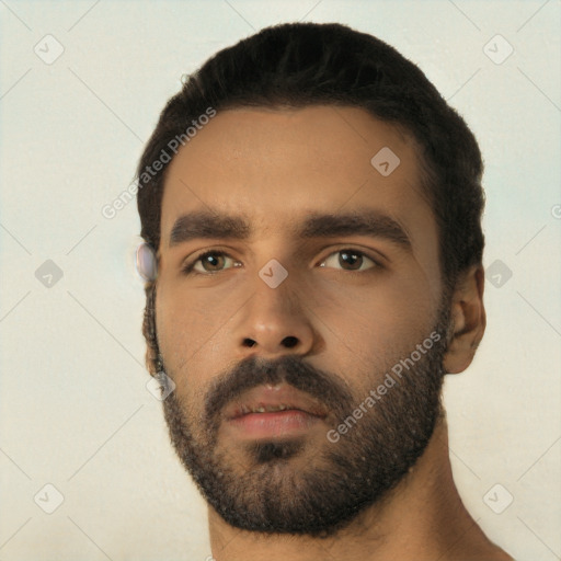 Neutral latino young-adult male with short  black hair and brown eyes