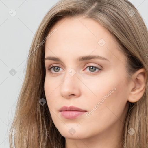 Neutral white young-adult female with long  brown hair and grey eyes