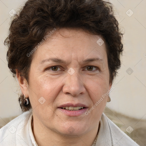 Joyful white adult female with short  brown hair and brown eyes